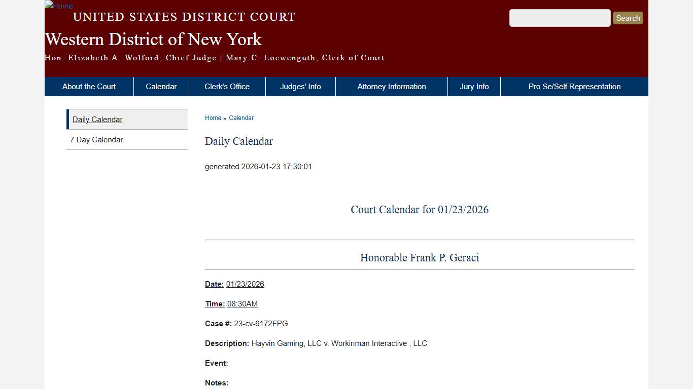Daily Calendar Western District of New York United States District Court